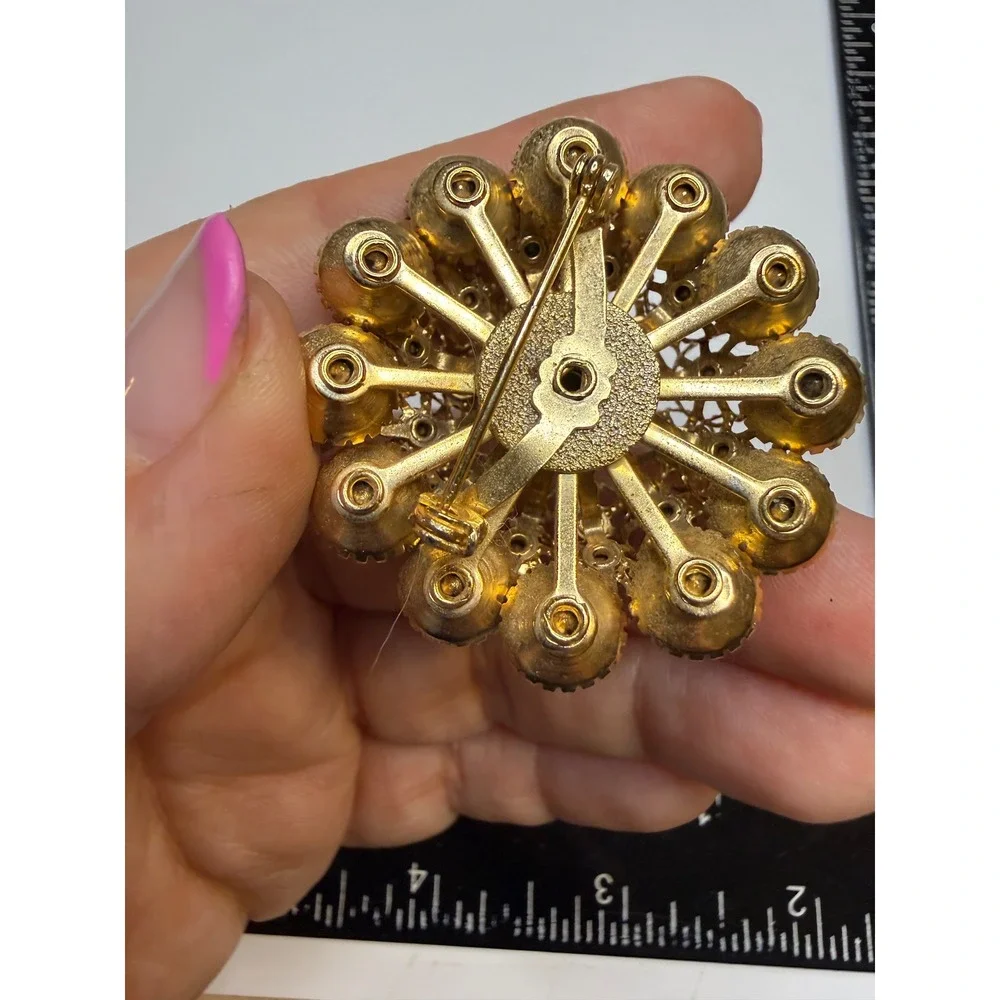 Vintage Blue Rhinestone Gold Tone Tiered Floral Brooch Pin Round Filigree 2